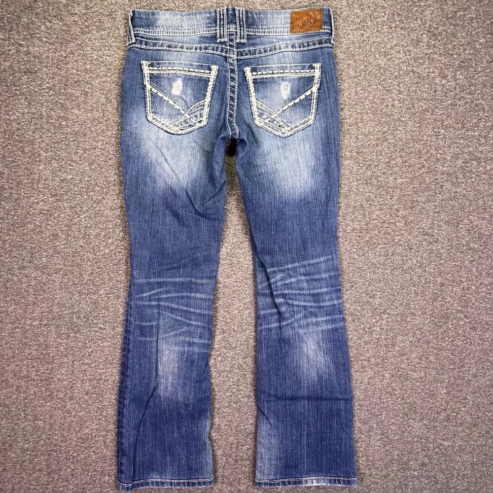 BKE Sabrina Bootcut Jeans Womens 30x28 Blue Distressed Low Rise Thick Stitch Y2K